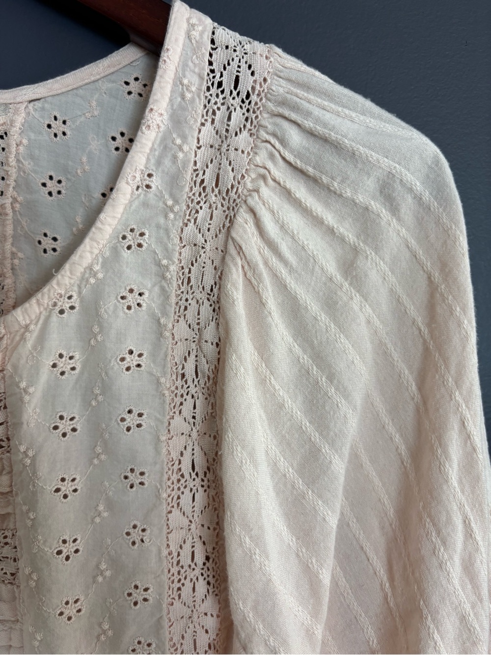 Lucky Brand Lace Yoke Tunic Top Cotton Viscose Peach Whip Medium Cottage Prairie - Picture 9 of 14